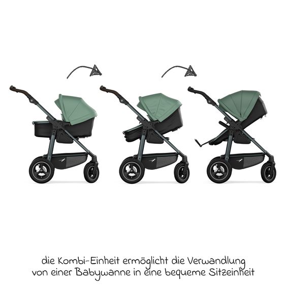 TFK Kombi-Kinderwagen Mono 4 Luftreifen mit neuer Bremse, Kombi-Einheit (Babywanne+Sitz), Liegeposition & XXL Zubehörpaket - Olive