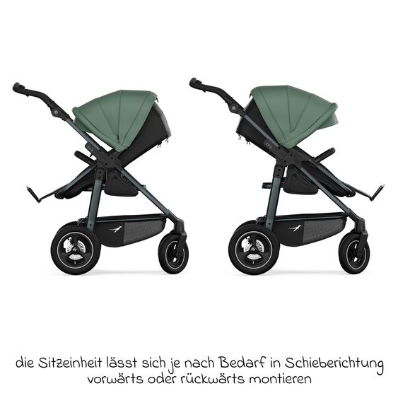 TFK Kombi-Kinderwagen Mono 4 Luftreifen mit neuer Bremse, Kombi-Einheit (Babywanne+Sitz), Liegeposition & XXL Zubehörpaket - Olive