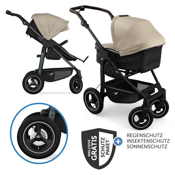 TFK Kombi-Kinderwagen Mono 4 Luftreifen mit neuer Bremse, Kombi-Einheit (Babywanne+Sitz), Liegeposition & XXL Zubehörpaket - Sand