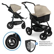 Kombi-Kinderwagen Mono 4 Luftreifen mit neuer Bremse, Kombi-Einheit (Babywanne+Sitz), Liegeposition & XXL Zubehörpaket - Sand