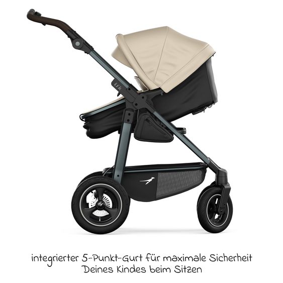 TFK Kombi-Kinderwagen Mono 4 Luftreifen mit neuer Bremse, Kombi-Einheit (Babywanne+Sitz), Liegeposition & XXL Zubehörpaket - Sand