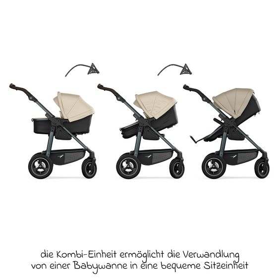 TFK Kombi-Kinderwagen Mono 4 Luftreifen mit neuer Bremse, Kombi-Einheit (Babywanne+Sitz), Liegeposition & XXL Zubehörpaket - Sand