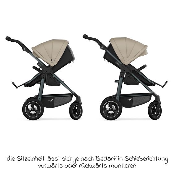 TFK Kombi-Kinderwagen Mono 4 Luftreifen mit neuer Bremse, Kombi-Einheit (Babywanne+Sitz), Liegeposition & XXL Zubehörpaket - Sand