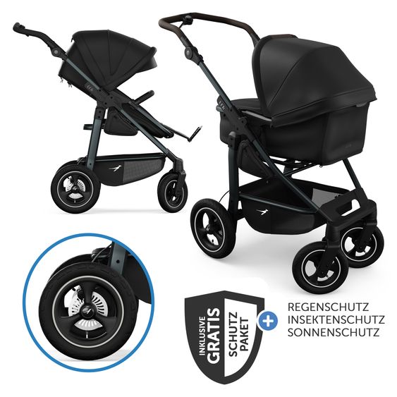 TFK Kombi-Kinderwagen Mono 4 Luftreifen mit neuer Bremse, Kombi-Einheit (Babywanne+Sitz), Liegeposition & XXL Zubehörpaket - Schwarz