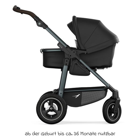 TFK Kombi-Kinderwagen Mono 4 Luftreifen mit neuer Bremse, Kombi-Einheit (Babywanne+Sitz), Liegeposition & XXL Zubehörpaket - Schwarz