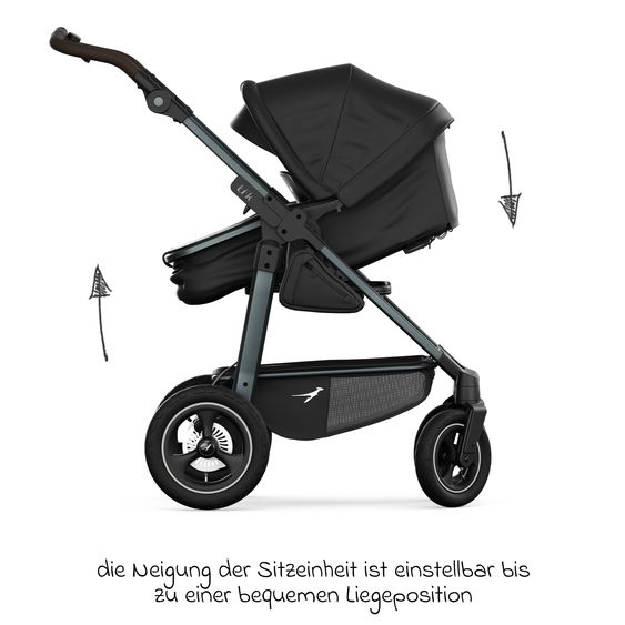 TFK Kombi-Kinderwagen Mono 4 Luftreifen mit neuer Bremse, Kombi-Einheit (Babywanne+Sitz), Liegeposition & XXL Zubehörpaket - Schwarz