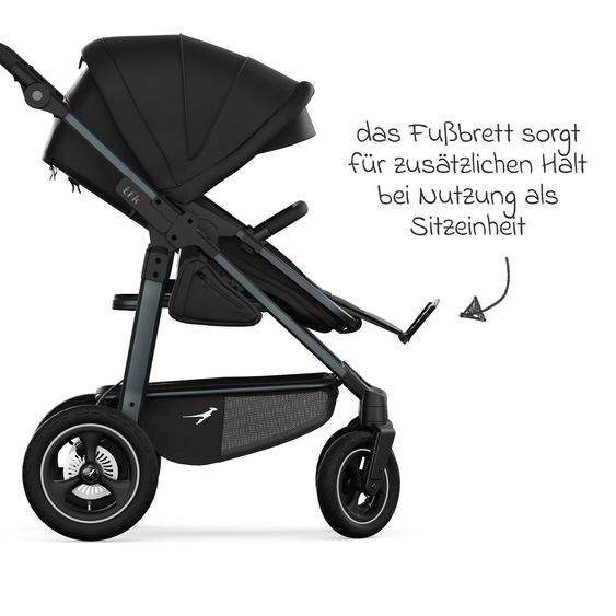 TFK Kombi-Kinderwagen Mono 4 Luftreifen mit neuer Bremse, Kombi-Einheit (Babywanne+Sitz), Liegeposition & XXL Zubehörpaket - Schwarz