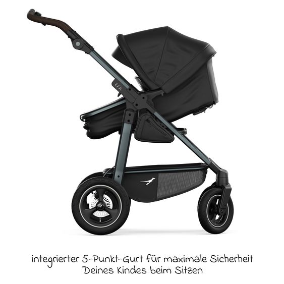 TFK Kombi-Kinderwagen Mono 4 Luftreifen mit neuer Bremse, Kombi-Einheit (Babywanne+Sitz), Liegeposition & XXL Zubehörpaket - Schwarz