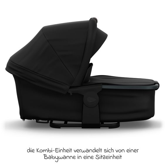 TFK Kombi-Kinderwagen Mono 4 Luftreifen mit neuer Bremse, Kombi-Einheit (Babywanne+Sitz), Liegeposition & XXL Zubehörpaket - Schwarz