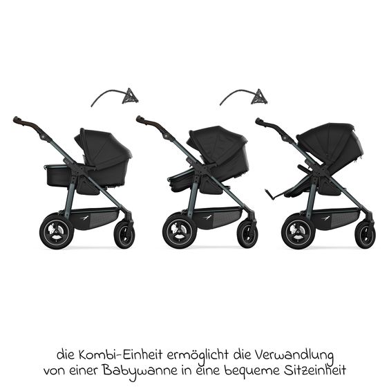 TFK Kombi-Kinderwagen Mono 4 Luftreifen mit neuer Bremse, Kombi-Einheit (Babywanne+Sitz), Liegeposition & XXL Zubehörpaket - Schwarz