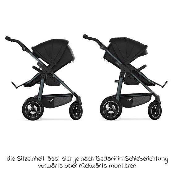 TFK Kombi-Kinderwagen Mono 4 Luftreifen mit neuer Bremse, Kombi-Einheit (Babywanne+Sitz), Liegeposition & XXL Zubehörpaket - Schwarz