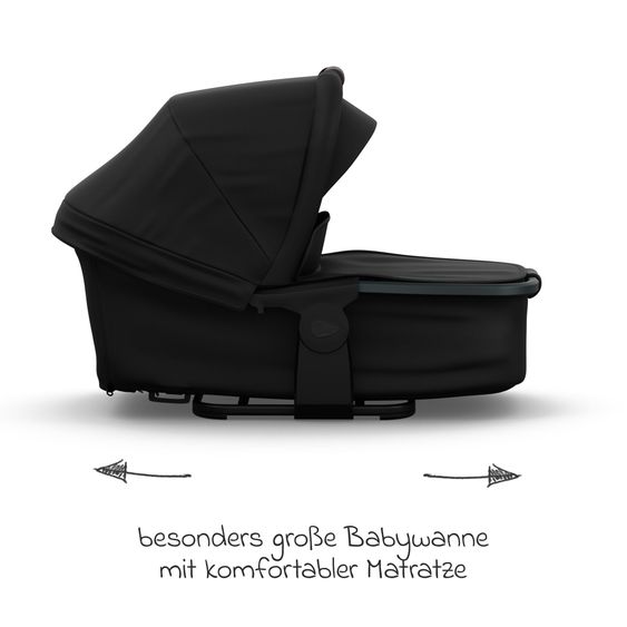 TFK Kombi-Kinderwagen Mono 4 Luftreifen mit neuer Bremse, Kombi-Einheit (Babywanne+Sitz), Liegeposition & XXL Zubehörpaket - Schwarz