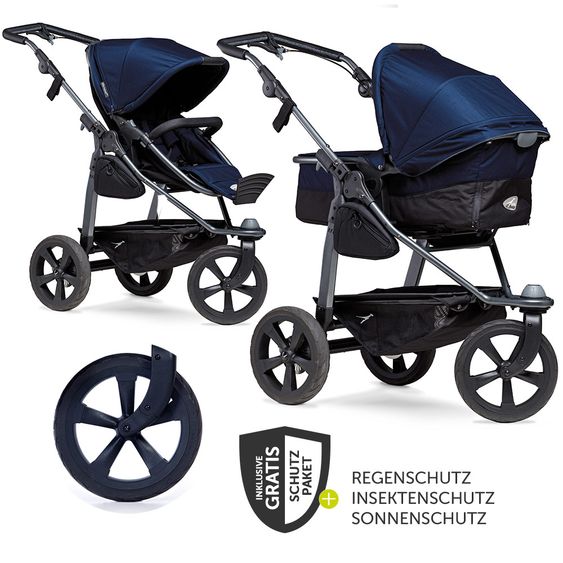 TFK Kombi-Kinderwagen Mono mit Luftkammerreifen - inkl. Kombi-Einheit (Babywanne+Sitz) und XXL-Zamboo Zubehörpaket - Marine