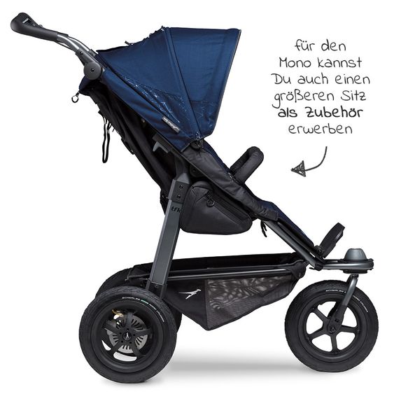 TFK Kombi-Kinderwagen Mono mit Luftkammerreifen - inkl. Kombi-Einheit (Babywanne+Sitz) und XXL-Zamboo Zubehörpaket - Marine