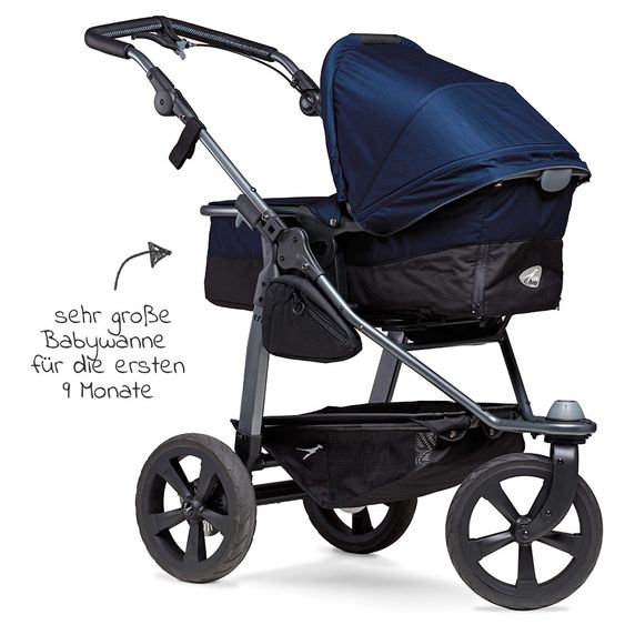 TFK Kombi-Kinderwagen Mono mit Luftkammerreifen - inkl. Kombi-Einheit (Babywanne+Sitz) und XXL-Zamboo Zubehörpaket - Marine