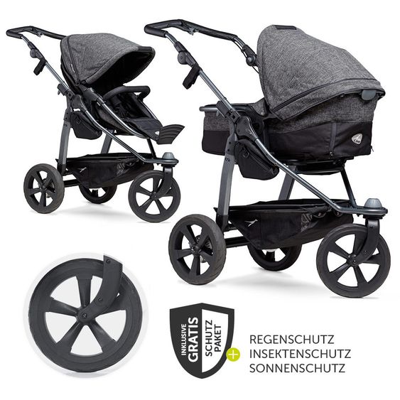 TFK Kombi-Kinderwagen Mono mit Luftkammerreifen - inkl. Kombi-Einheit (Babywanne+Sitz) + XXL-Zamboo Zubehörpaket - Anthrazit