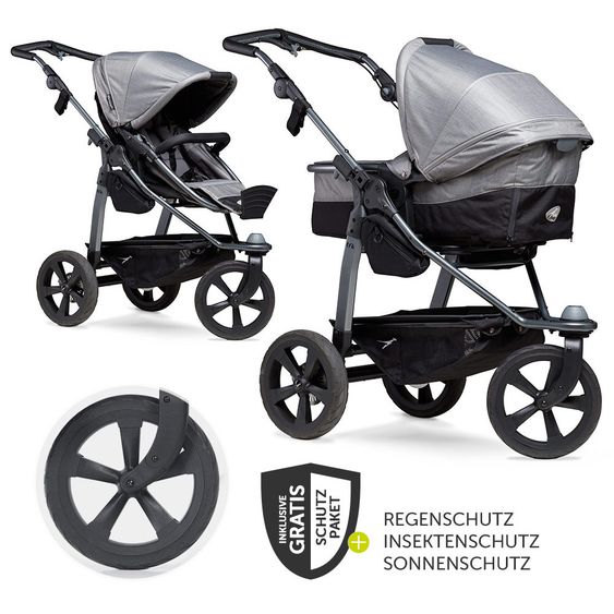 TFK Kombi-Kinderwagen Mono mit Luftkammerreifen - inkl. Kombi-Einheit (Babywanne + Sitz) + XXL-Zamboo Zubehörpaket - Grau