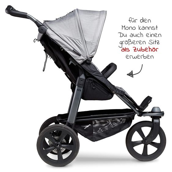 TFK Kombi-Kinderwagen Mono mit Luftkammerreifen - inkl. Kombi-Einheit (Babywanne + Sitz) + XXL-Zamboo Zubehörpaket - Grau