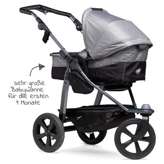 TFK Kombi-Kinderwagen Mono mit Luftkammerreifen - inkl. Kombi-Einheit (Babywanne + Sitz) + XXL-Zamboo Zubehörpaket - Grau