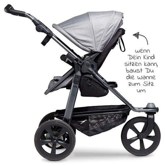 TFK Kombi-Kinderwagen Mono mit Luftkammerreifen - inkl. Kombi-Einheit (Babywanne + Sitz) + XXL-Zamboo Zubehörpaket - Grau