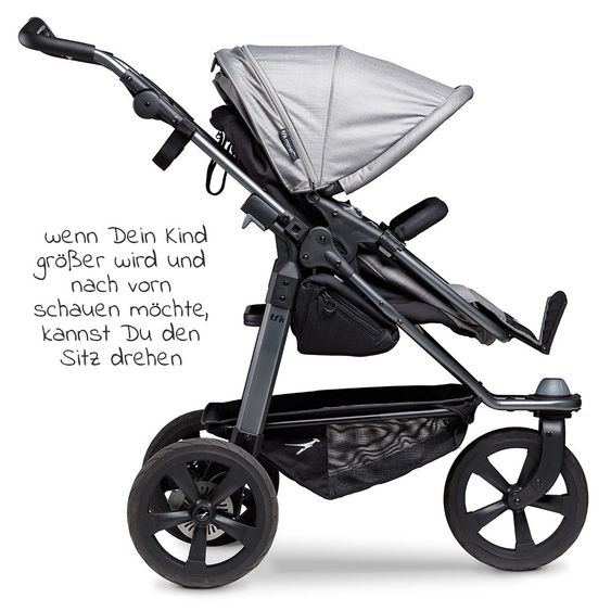 TFK Kombi-Kinderwagen Mono mit Luftkammerreifen - inkl. Kombi-Einheit (Babywanne + Sitz) + XXL-Zamboo Zubehörpaket - Grau
