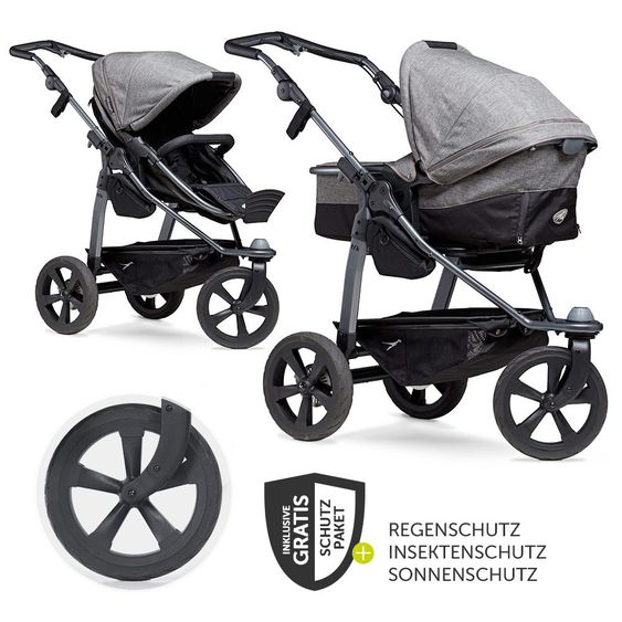 TFK Kombi-Kinderwagen Mono mit Luftkammerreifen - inkl. Kombi-Einheit (Babywanne+Sitz) + XXL-Zamboo Zubehörpaket - Prem. Grau