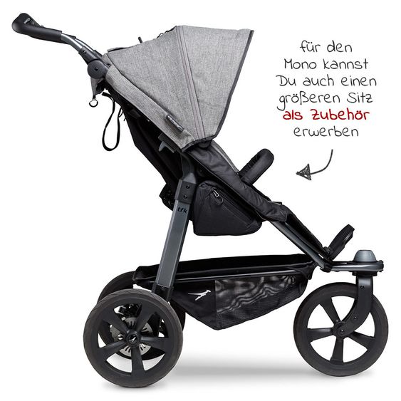 TFK Kombi-Kinderwagen Mono mit Luftkammerreifen - inkl. Kombi-Einheit (Babywanne+Sitz) + XXL-Zamboo Zubehörpaket - Prem. Grau