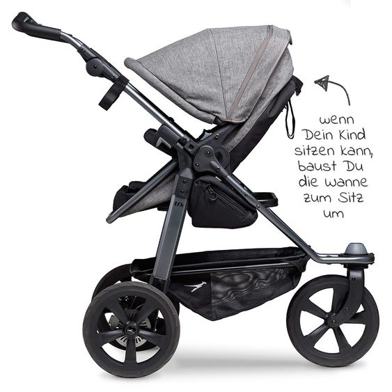 TFK Kombi-Kinderwagen Mono mit Luftkammerreifen - inkl. Kombi-Einheit (Babywanne+Sitz) + XXL-Zamboo Zubehörpaket - Prem. Grau