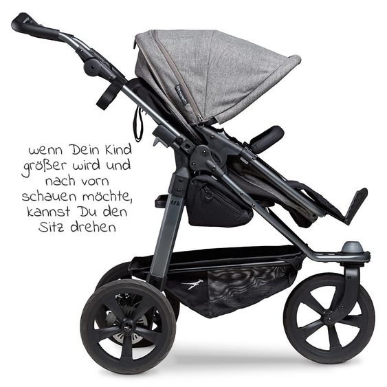 TFK Kombi-Kinderwagen Mono mit Luftkammerreifen - inkl. Kombi-Einheit (Babywanne+Sitz) + XXL-Zamboo Zubehörpaket - Prem. Grau