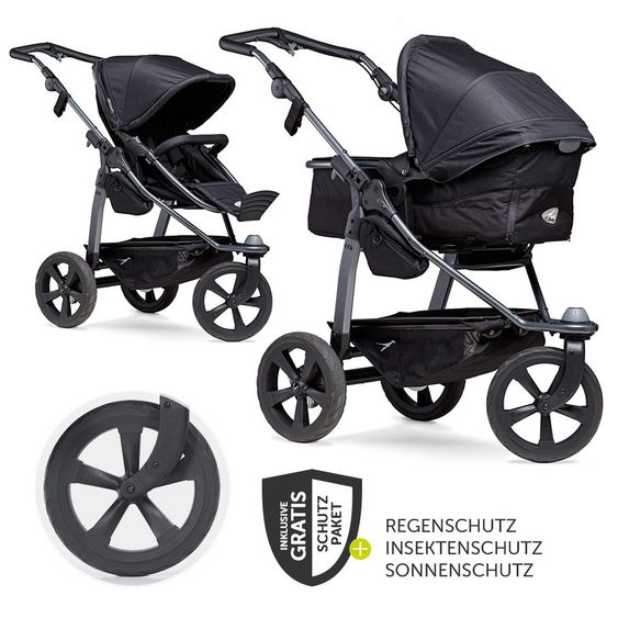 TFK Passeggino combinato Mono con pneumatici a camera d'aria - incl. unità combinata (navicella + seduta) + pacchetto accessori XXL Zamboo - nero