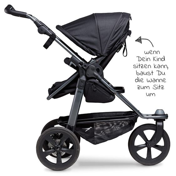 TFK Passeggino combinato Mono con pneumatici a camera d'aria - incl. unità combinata (navicella + seduta) + pacchetto accessori XXL Zamboo - nero