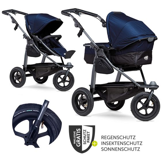 TFK Kombi-Kinderwagen Mono mit Luftreifen - inkl. Kombi-Einheit (Babywanne + Sitz) und XXL-Zamboo Zubehörpaket - Marine