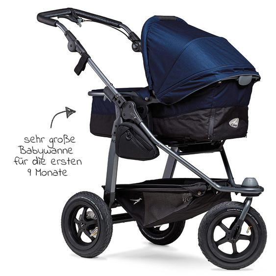 TFK Kombi-Kinderwagen Mono mit Luftreifen - inkl. Kombi-Einheit (Babywanne + Sitz) und XXL-Zamboo Zubehörpaket - Marine