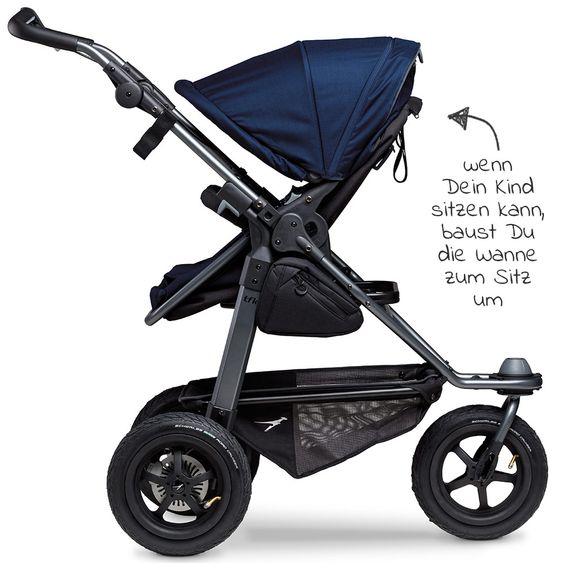 TFK Kombi-Kinderwagen Mono mit Luftreifen - inkl. Kombi-Einheit (Babywanne + Sitz) und XXL-Zamboo Zubehörpaket - Marine