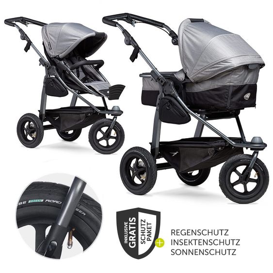 TFK Kombi-Kinderwagen Mono mit Luftreifen - inkl. Kombi-Einheit (Babywanne + Sitz) + XXL-Zamboo Zubehörpaket - Grau