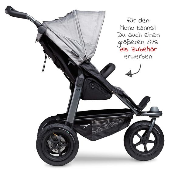 TFK Kombi-Kinderwagen Mono mit Luftreifen - inkl. Kombi-Einheit (Babywanne + Sitz) + XXL-Zamboo Zubehörpaket - Grau
