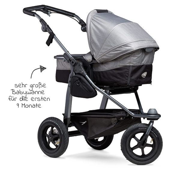 TFK Kombi-Kinderwagen Mono mit Luftreifen - inkl. Kombi-Einheit (Babywanne + Sitz) + XXL-Zamboo Zubehörpaket - Grau