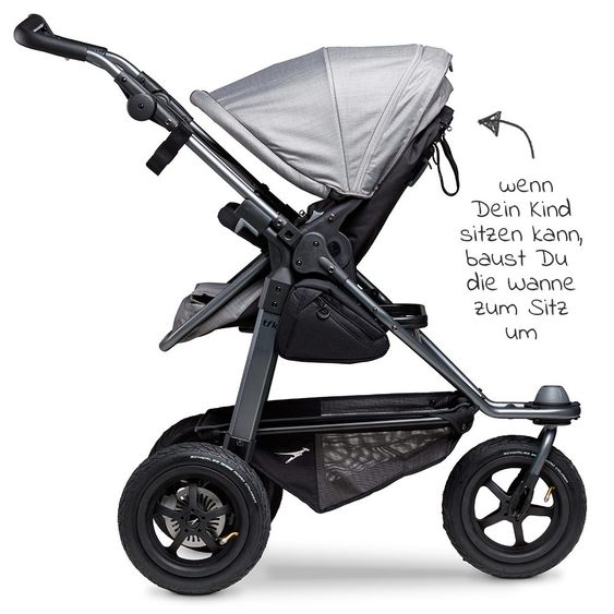 TFK Kombi-Kinderwagen Mono mit Luftreifen - inkl. Kombi-Einheit (Babywanne + Sitz) + XXL-Zamboo Zubehörpaket - Grau