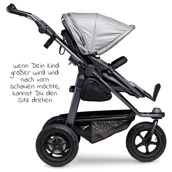 TFK Kombi-Kinderwagen Mono mit Luftreifen - inkl. Kombi-Einheit (Babywanne + Sitz) + XXL-Zamboo Zubehörpaket - Grau