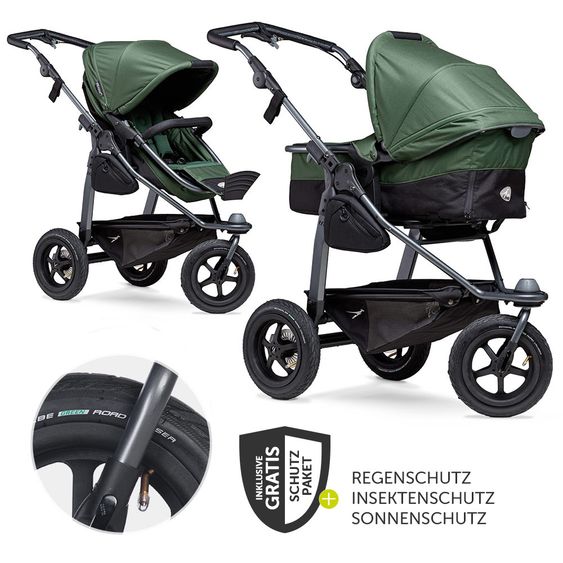TFK Kombi-Kinderwagen Mono mit Luftreifen - inkl. Kombi-Einheit (Babywanne + Sitz) + XXL-Zamboo Zubehörpaket - Olive
