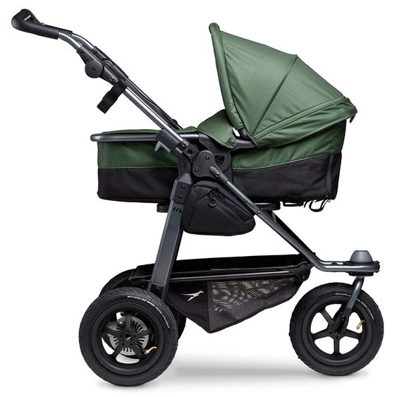 TFK Kombi-Kinderwagen Mono mit Luftreifen - inkl. Kombi-Einheit (Babywanne + Sitz) + XXL-Zamboo Zubehörpaket - Olive