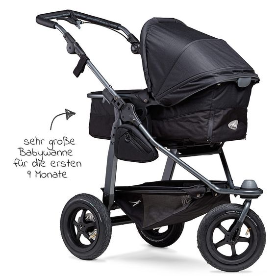 TFK Kombi-Kinderwagen Mono mit Luftreifen - inkl. Kombi-Einheit (Babywanne + Sitz) + XXL-Zamboo Zubehörpaket - Schwarz