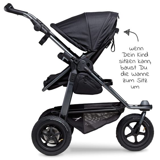 TFK Kombi-Kinderwagen Mono mit Luftreifen - inkl. Kombi-Einheit (Babywanne + Sitz) + XXL-Zamboo Zubehörpaket - Schwarz