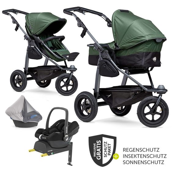 TFK Kombi-Kinderwagen Mono mit Luftreifen, Kombi-Einheit, Babyschale Cabriofix, Isofix-Basis & XXL-Zamboo Zubehör - Olive