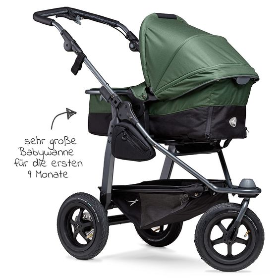 TFK Kombi-Kinderwagen Mono mit Luftreifen, Kombi-Einheit, Babyschale Cabriofix, Isofix-Basis & XXL-Zamboo Zubehör - Olive