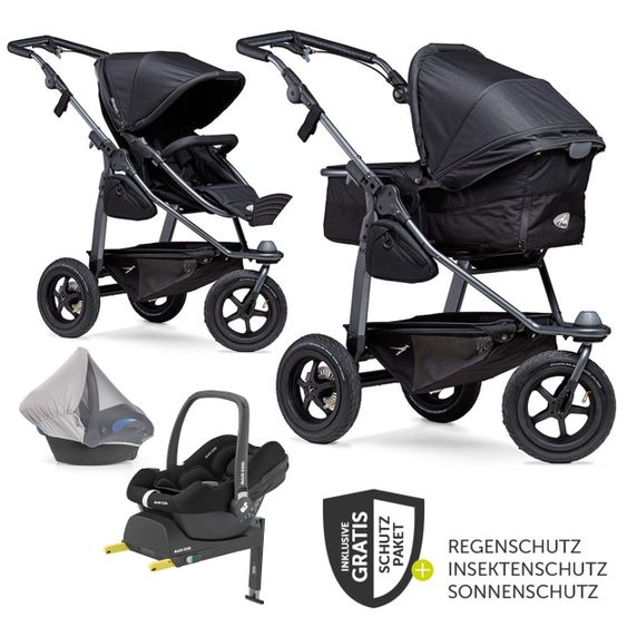 TFK Kombi-Kinderwagen Mono mit Luftreifen, Kombi-Einheit, Babyschale Cabriofix, Isofix-Basis & XXL-Zamboo Zubehör - Schwarz