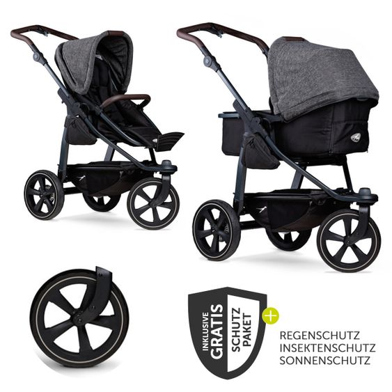 TFK Kombi-Kinderwagen Mono 2 Luftkammerreifen inkl. Kombi-Einheit (Babywanne + Sitz) mit Liegeposition&XXL Zubehör - Anthrazit