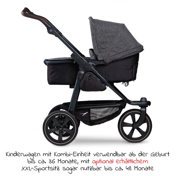 TFK Kombi-Kinderwagen Mono 2 Luftkammerreifen inkl. Kombi-Einheit (Babywanne + Sitz) mit Liegeposition&XXL Zubehör - Anthrazit