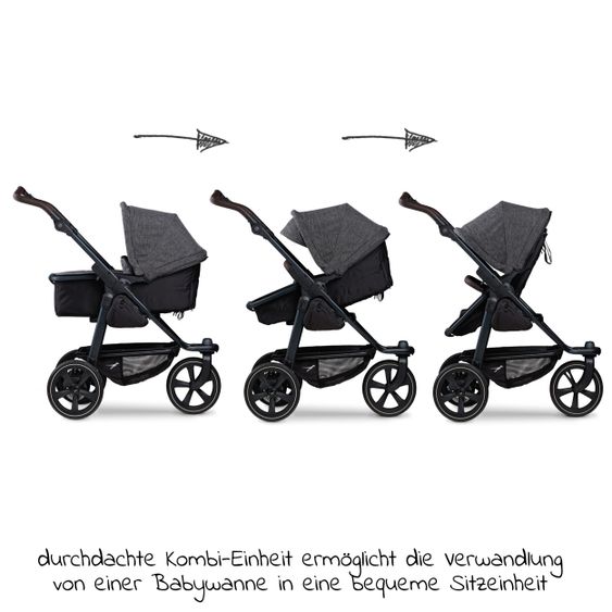 TFK Kombi-Kinderwagen Mono 2 Luftkammerreifen inkl. Kombi-Einheit (Babywanne + Sitz) mit Liegeposition&XXL Zubehör - Anthrazit