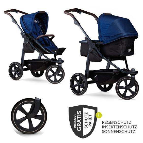 TFK Kombi-Kinderwagen Mono 2 Luftkammerreifen inkl. Kombi-Einheit (Babywanne + Sitz) mit Liegeposition&XXL Zubehör - Marine